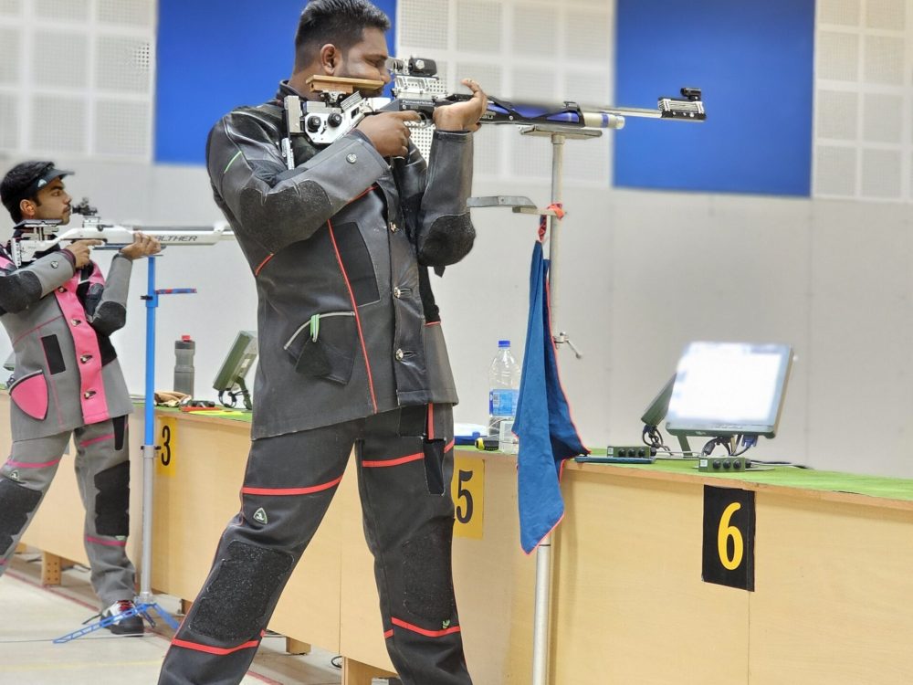 Action-packed moment captured during a competitive shooting event