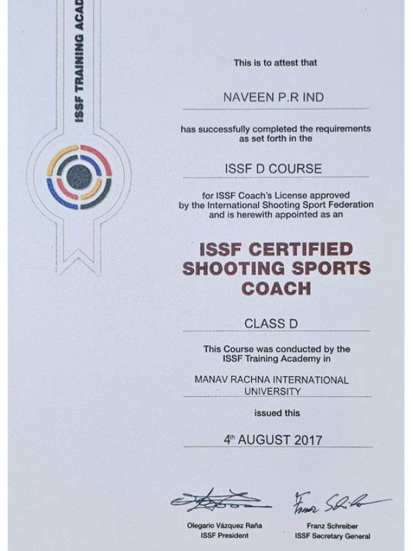 Certification of excellence awarded to Coach Naveen P. R. for shooting expertise