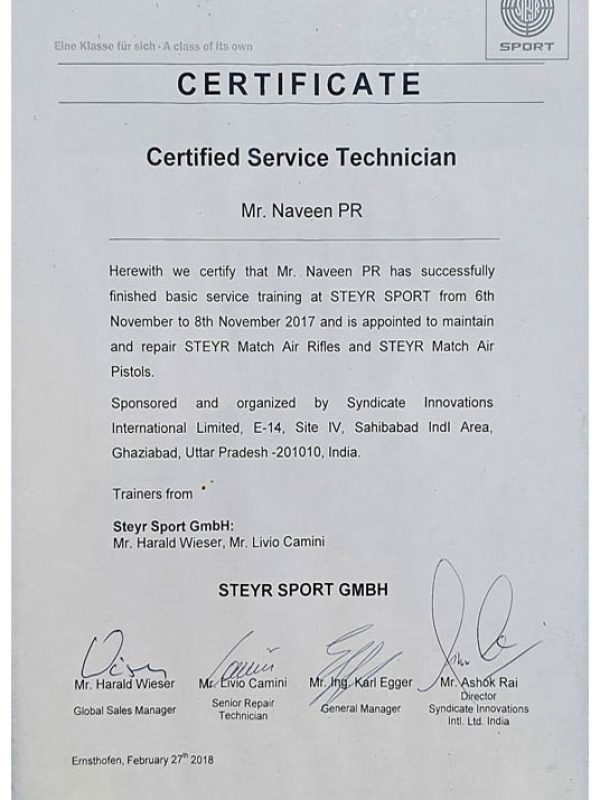 Certification of excellence awarded to Coach Naveen P. R. for shooting expertise