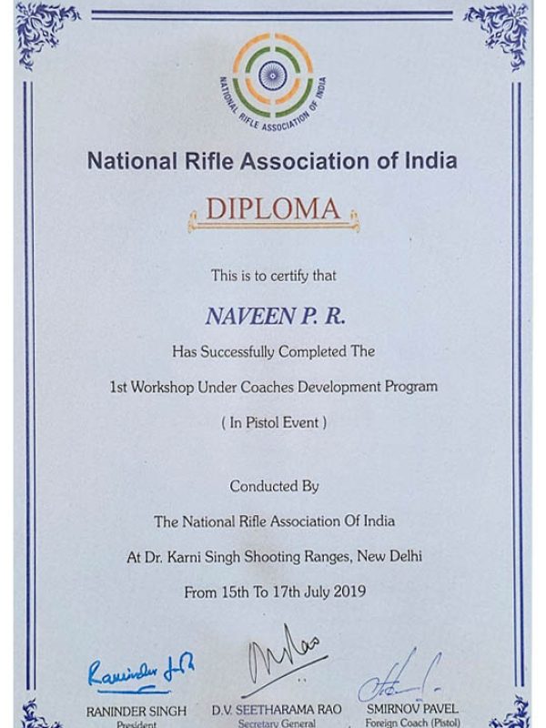 Certification of excellence awarded to Coach Naveen P. R. for shooting expertise